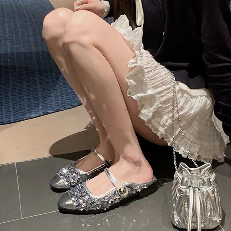 

Виноградная мать лето новинка~ сверкающие сандалии с пайетками на сумке с головой с мюлями полушлепанцами женская летняя одежда 40