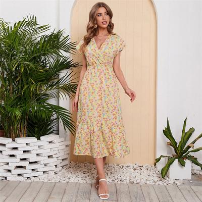 Women's Summer Casual Wrap V Neck Floral Dress Ruffle Cap Sleeve Elastic Waist Dresses