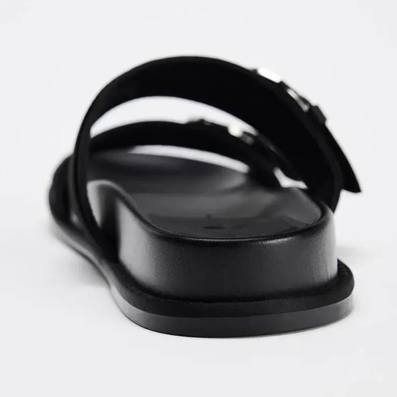 Fashion Bling Bling Rhinestone Buckle Design Flat Slippers Women Fashion Black Round Toe Sandals Summer Comfort Non-slip Beach Sandals