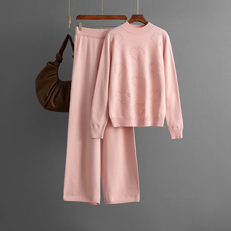 Half High Neck Sweater Love Fashion Set Women's Solid Color Casual Pants Wide Leg Pants Two-piece Set