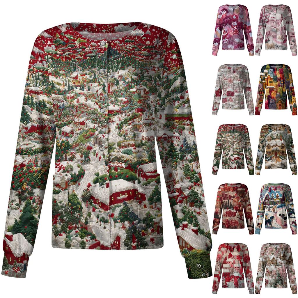 Women's Casual Long-Sleeved Single-Breasted Christmas-Themed Print  Cardigan