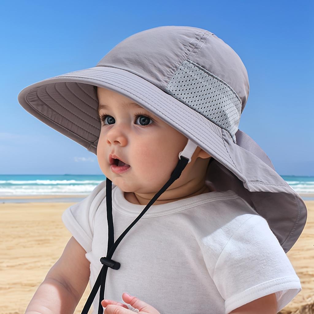 Children's Outdoor Wide-Brim Neck-Protection Hat, Breathable Mesh Sun Hat with Windproof Cord, Beach Play Hat