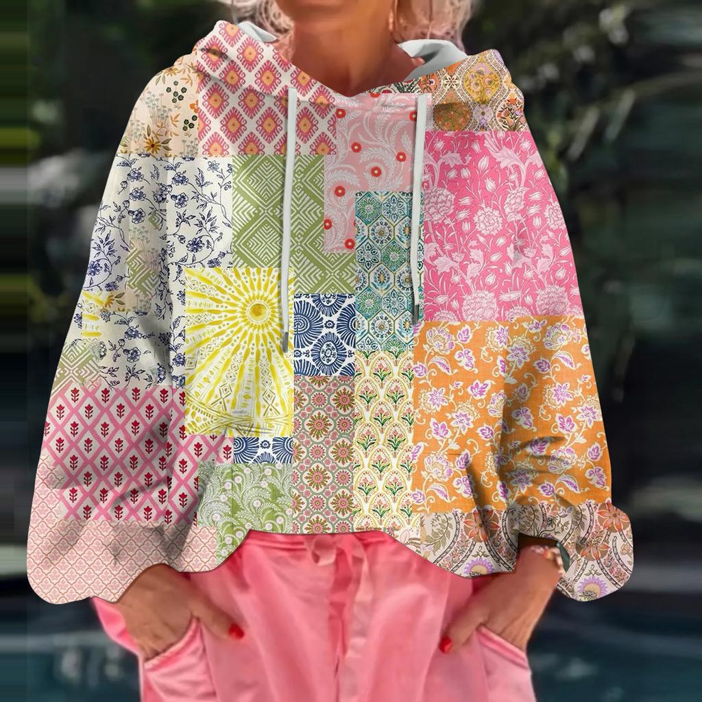 Women's Floral Print Loose Casual Long Sleeved Hooded Sweatshirt