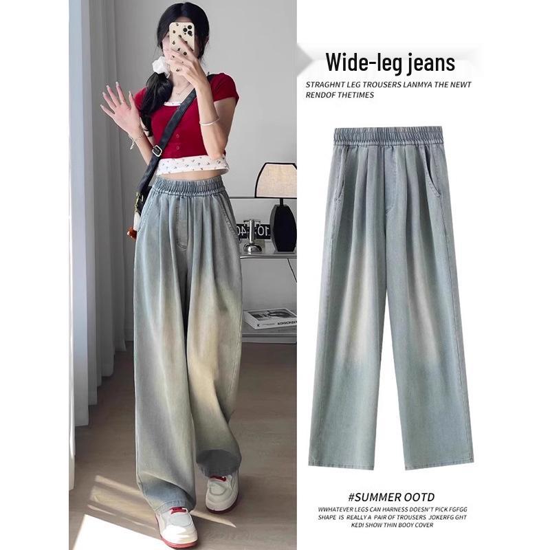 

Women s Blue Tencel Jeans 2024: High-Waisted, Slimming, Draping Loose Fit, Straight Wide Leg for Spring & Summer XL