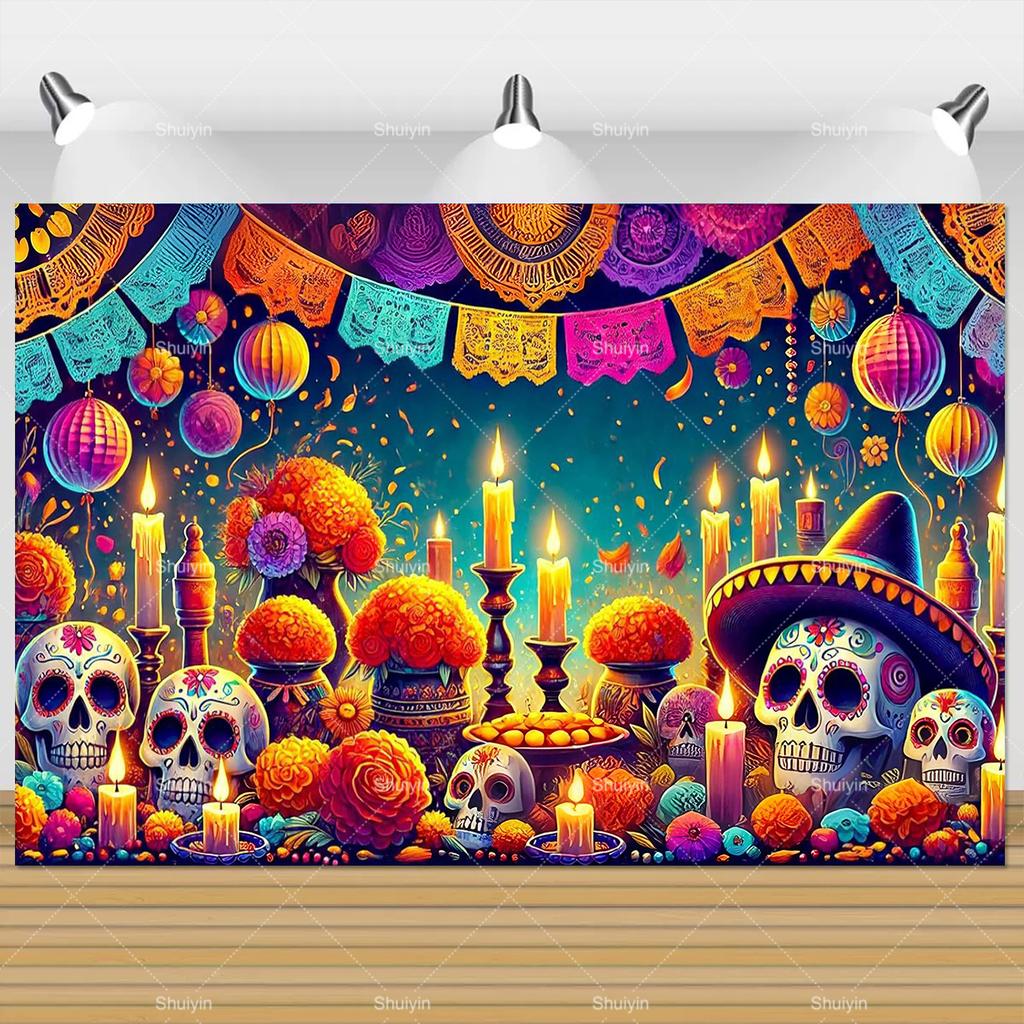 Day Of The Dead Photography Backdrop Skull Marigold Mexican Fiesta Día De Los Muertos Decoration Party Supply Photo Studio Props