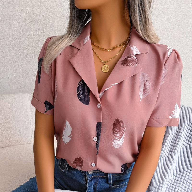 Women Summer Suit Collar Feather Loose Short Sleeve Shirt Blouses Loose All Match Tops