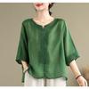 Linen Embroidery Women's T Shirt Loose Pullover Tee O Neck Thin Shirt Three Quarter Sleeves Summer Retro Blouse
