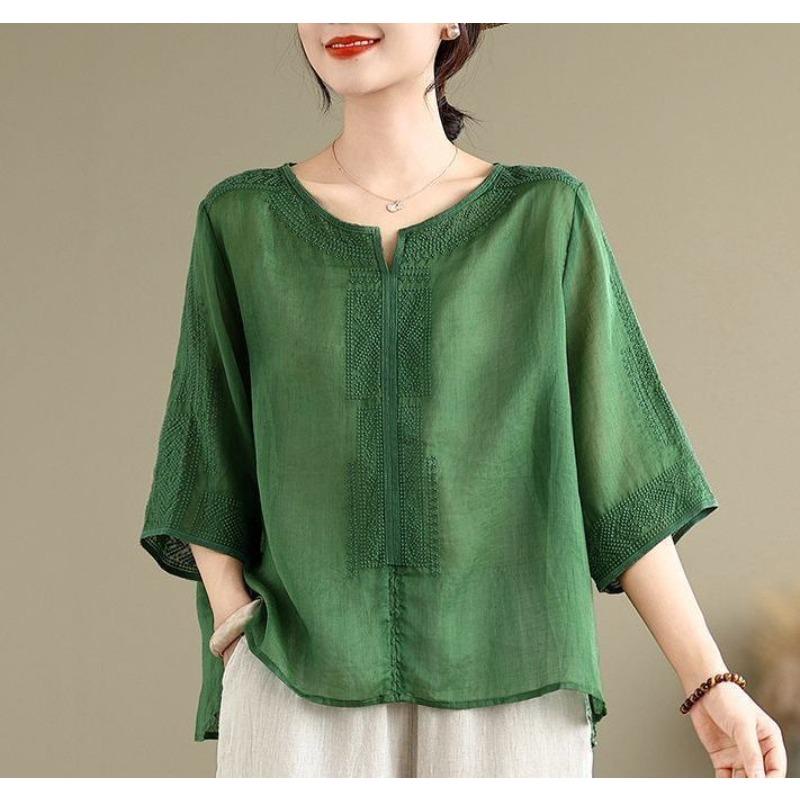 Linen Embroidery Women's T Shirt Loose Pullover Tee O Neck Thin Shirt Three Quarter Sleeves Summer Retro Blouse