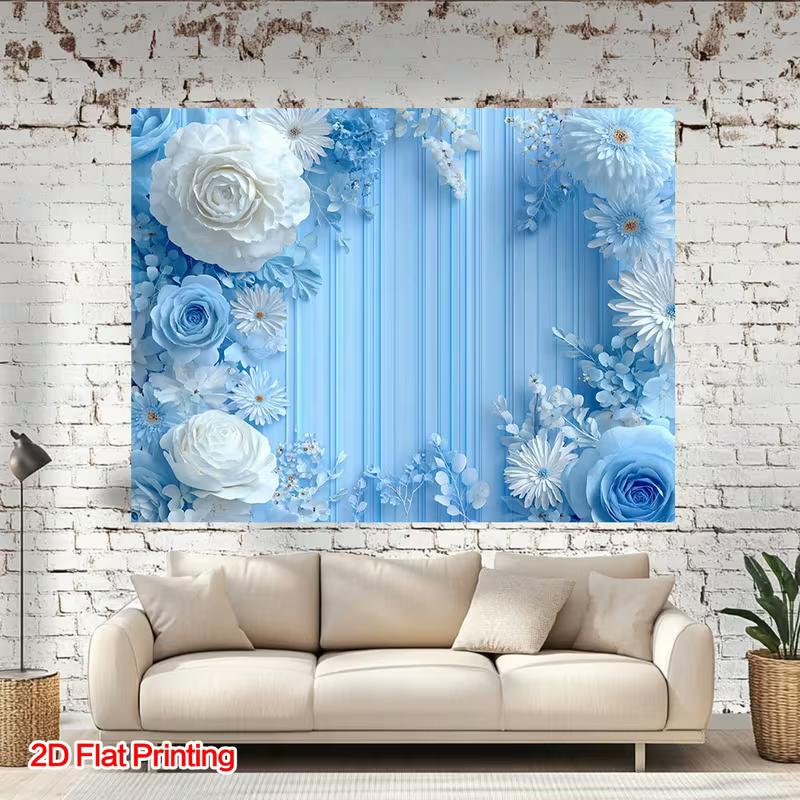 2D Blue Vertical Stripe Wall White Blue Rose Daisy Floral Backdrop Wedding Photography Background Cloth