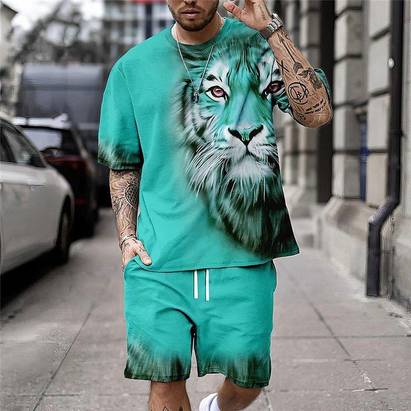 Summer Round Neck 3D Tiger Pattern Printed Set Fashionable and Casual Short Sleeved Shorts Men's Sport Wear