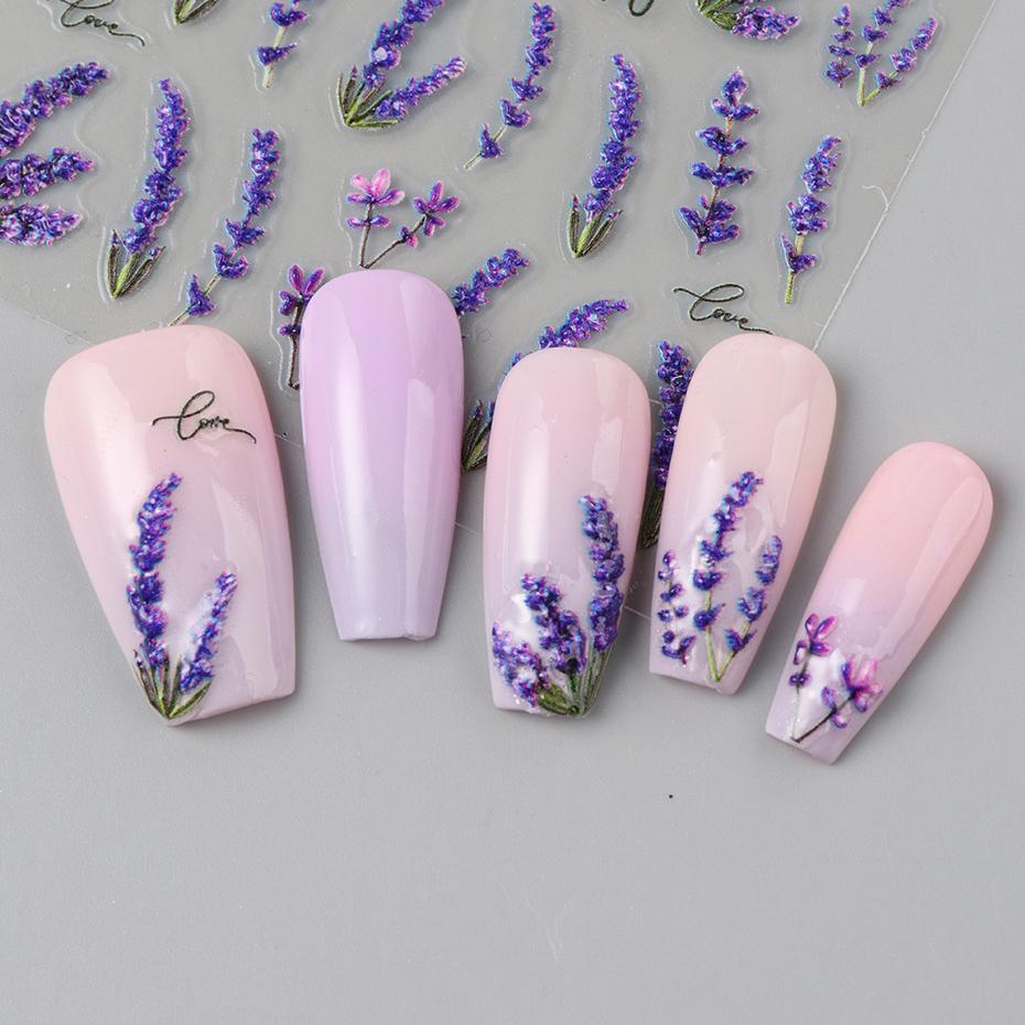 2 Pcs 5D Embossed Elegant Lavender Flowers Nail Stickers Bright Florals Adhesive Nail Decals Spring Petals Nail Access