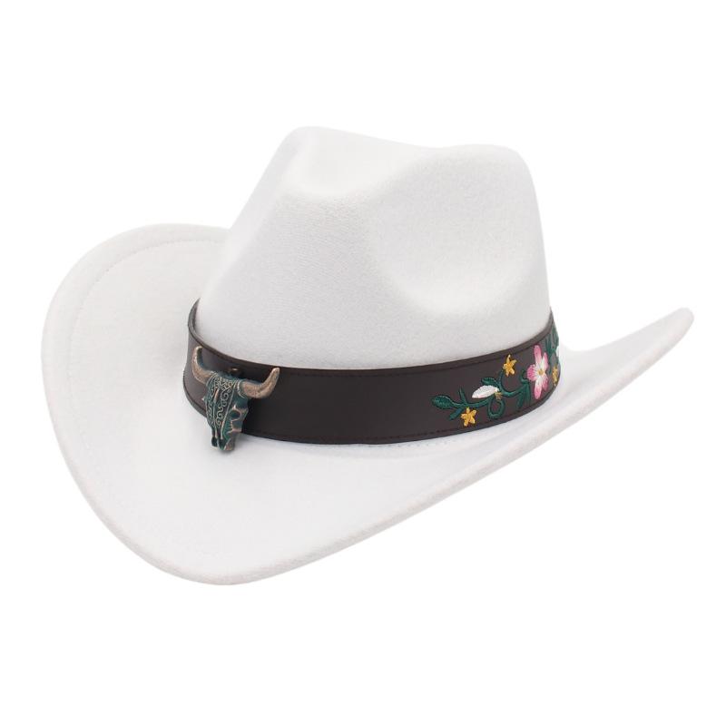 Western Cowboy Hat Tibetan Ethnic Top Hat Bull Head Flower Belt Accessories Felt Hat Curled Hat
