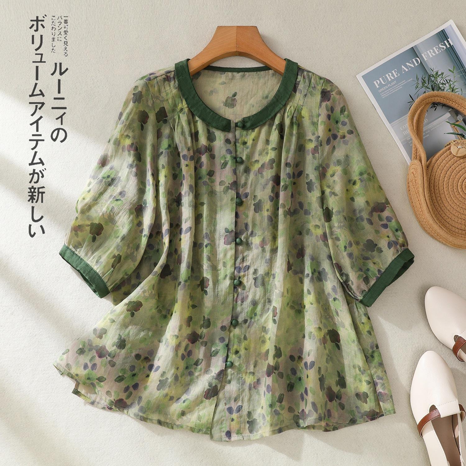 

2025 новая ретро-принтованная хлопково-льняная рубашка женская контрастного цвета с лацканами, темпераментный тонкий топ с коротким рукавом на лето 2XL