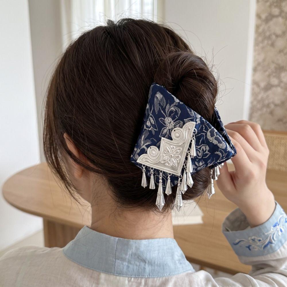 Cloth Satin Triangle Hair Claw Flower Bow Ethnic Style Hair Clip Large New Chinese Style Silver Tassel Shark Clip