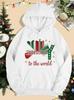 Women’s Merry Christmas Happy World Print Pocket Loose Hoodie