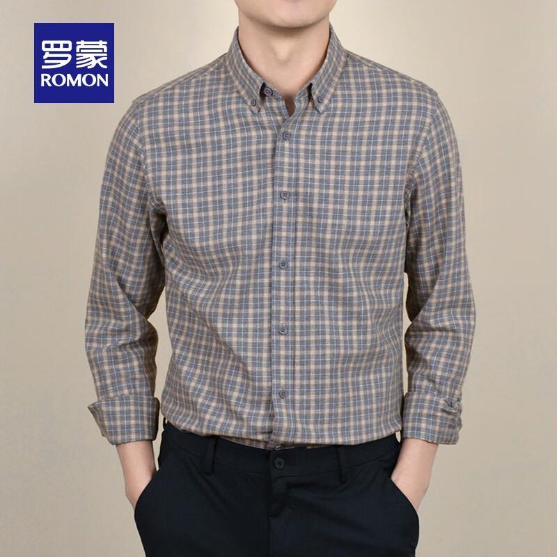 ROMON Men s Wrinkle-Resistant Plaid Long-Sleeve Shirt 42
