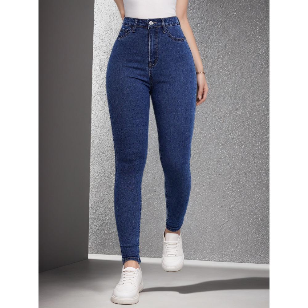 Women’s Stretch Slim-Fit Skinny Jeans – High-Waisted, Tummy-Tucking Plain Denim Trousers XXS тёмно-синий