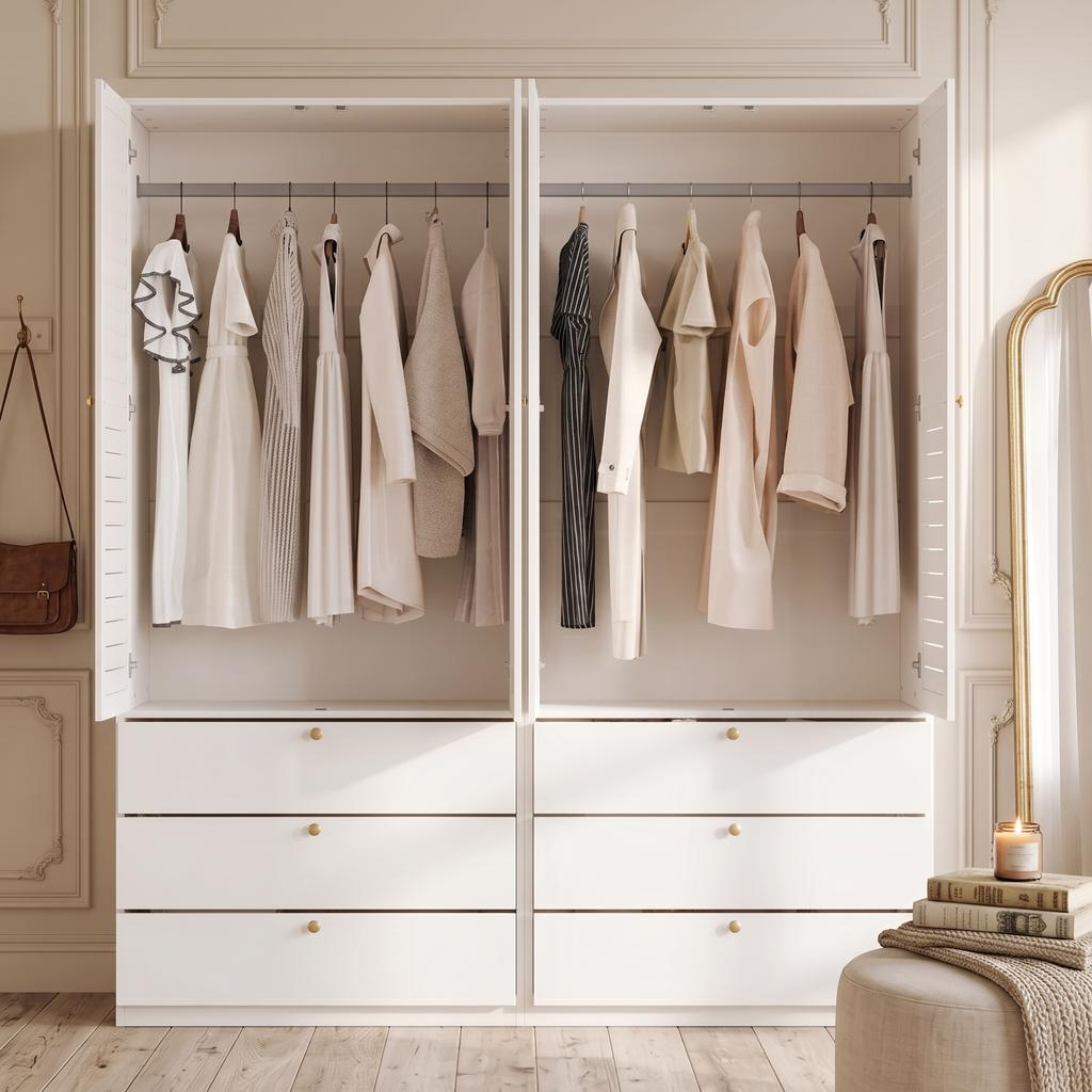 Kleiderschrank mit 4 Türen, elegante Lamellentüren, weiß, 180 x 50 x 200 cm, mit 2 Kleiderstangen, mit 6 Schubladen, geeignet für Schlafzimmer, Kinderzimmer