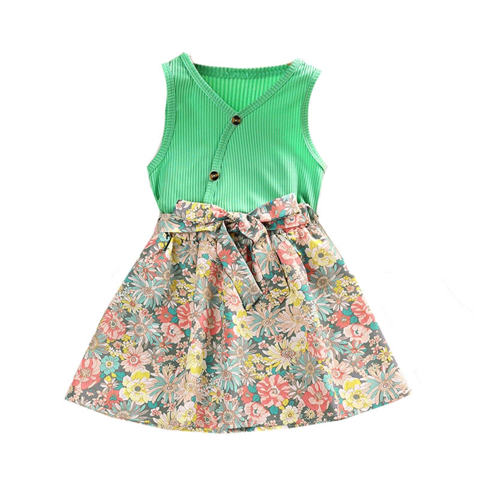 

Комплекты детской повседневной одежды из 2 предметов, наряды для девочек, новые летние модные зеленые жилеты для малышей, топы, юбки с цветочным принтом, комплекты 120 зелёный