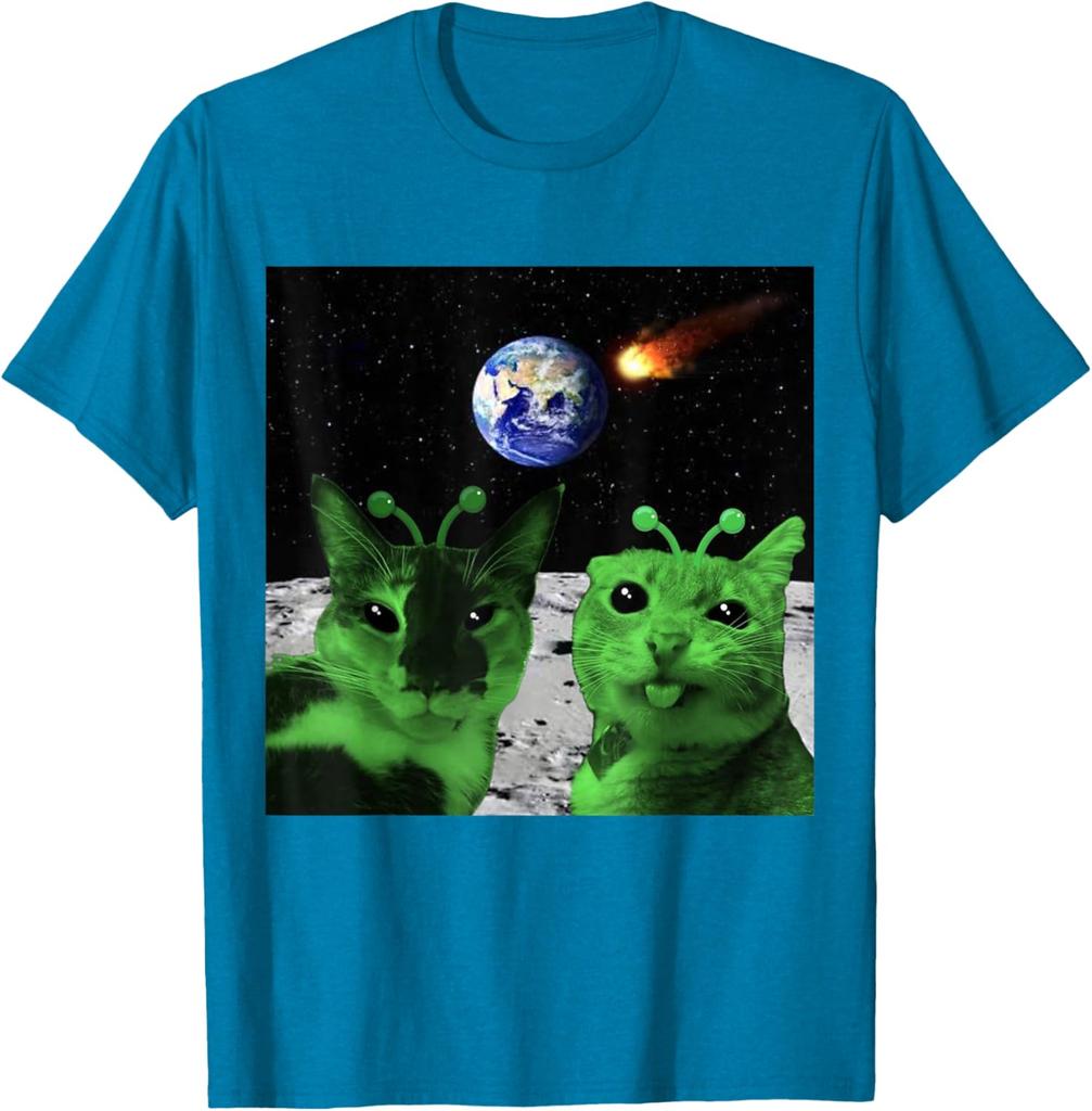Alien Cats Moon Meteor Earth Invasion Graphic Tee Men's Casual Cotton T-Shirt