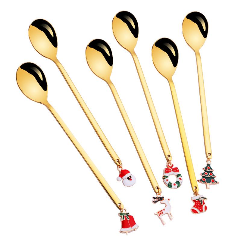 6 Christmas coffee spoons stainless steel Christmas tree snowman Christmas dessert tea spoons coffee dessert ice cream Sunday