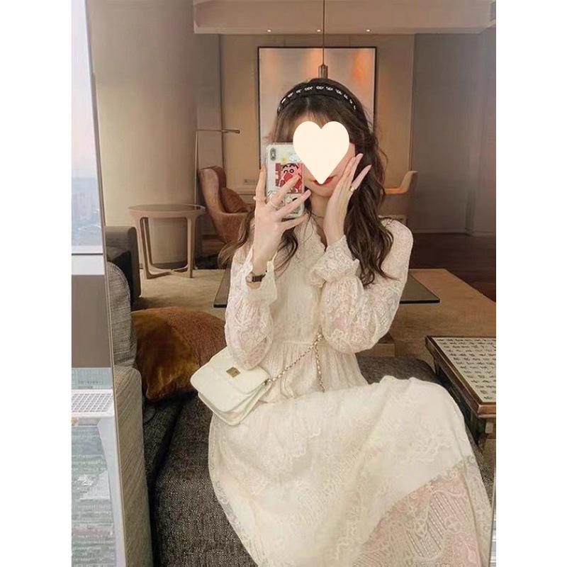 2023 European White Lace Long Sleeve Slimming Spring Dress for Women