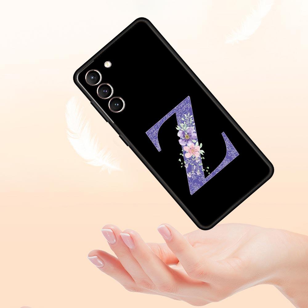 Letters Purple Flower Phone Case For Samsung Galaxy S26 Ultra S25 Plus S24 FE S23 S22 5G S21 S20 Cover Black Soft
