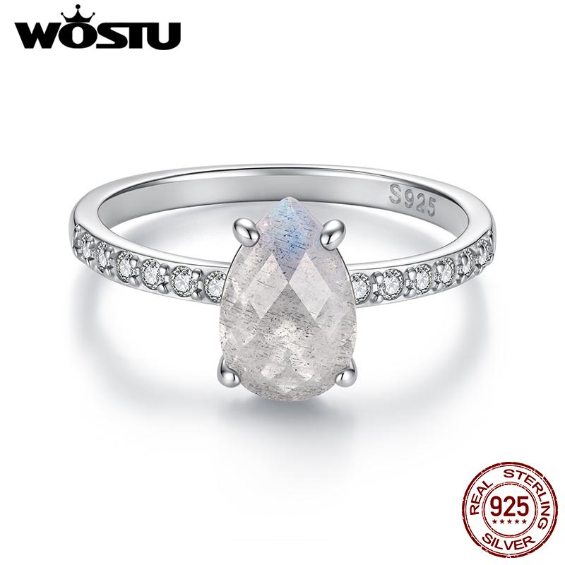 WOSTU Natural Labradorite Teardrop Band Rings For Women 925 Sterling Silver Gemstone Rings With CZ Anniversary Birthday Gift