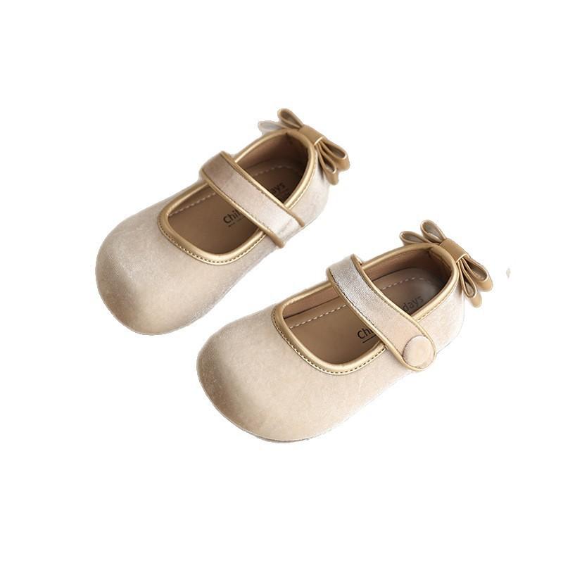 Girls Velvet Mary Janes With Bow Button Detail Soft Sole Flat Shoes Toddlers Kids