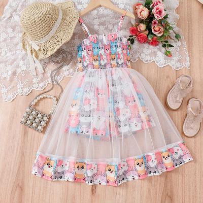Girls Fashion Dress Summer Kids Cute Cartoon Print Shorts Lined with Suspenders Patchwork Mesh Dress