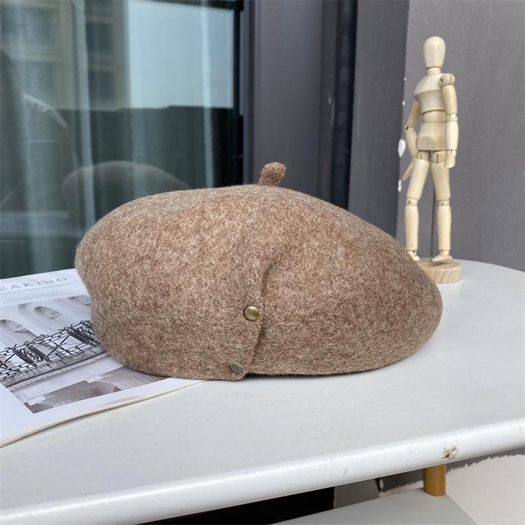 Autumn and Winter Woolen Hat Female Literary Copper Buckle Painter Hat Thickened Bud Hat