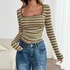 Women's Textured Fabric Fashionable and Comfortable Striped Long-sleeved T-shirt Knitted Casual Top Vintage Textured Stripe Thumb Hole Cuff Fitted