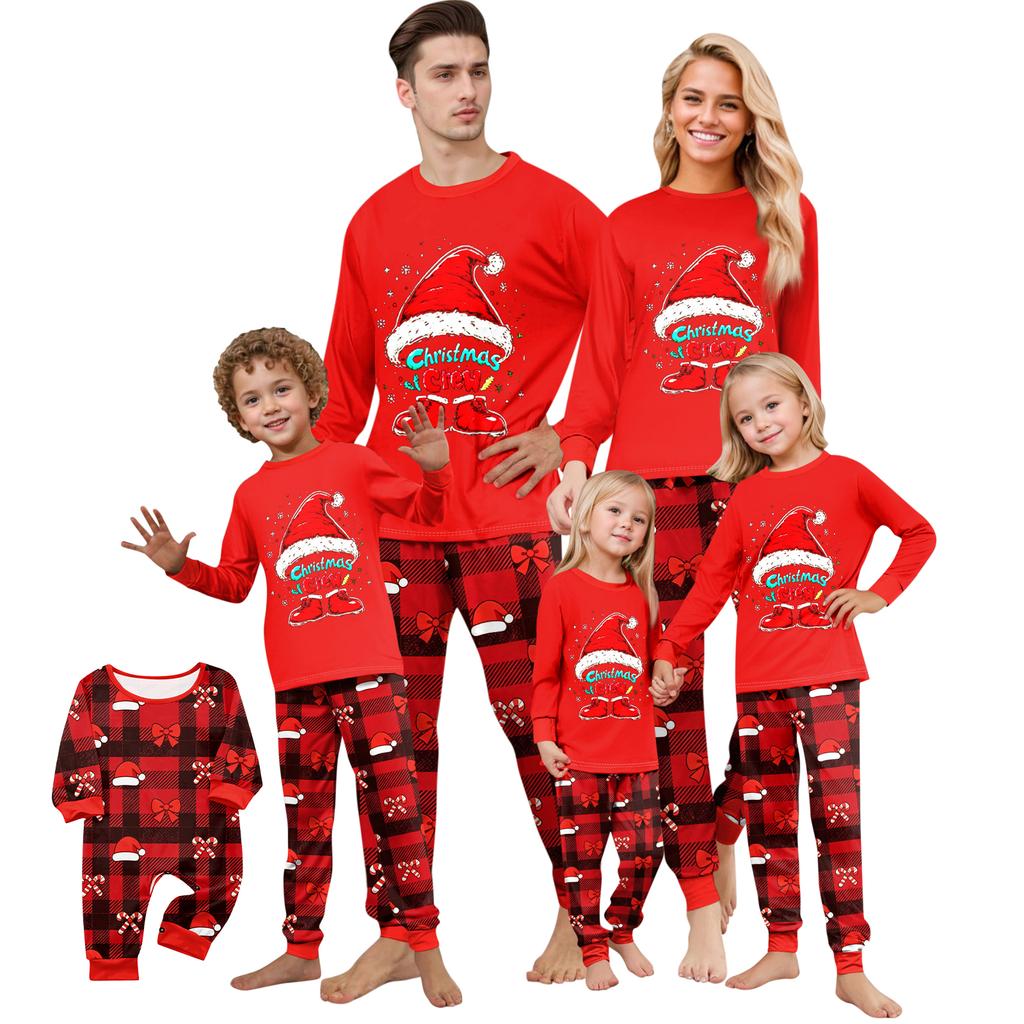 Christmas Print Matching Family Pajamas Set Long Sleeve Neck Top and Pants for Parents and Kids