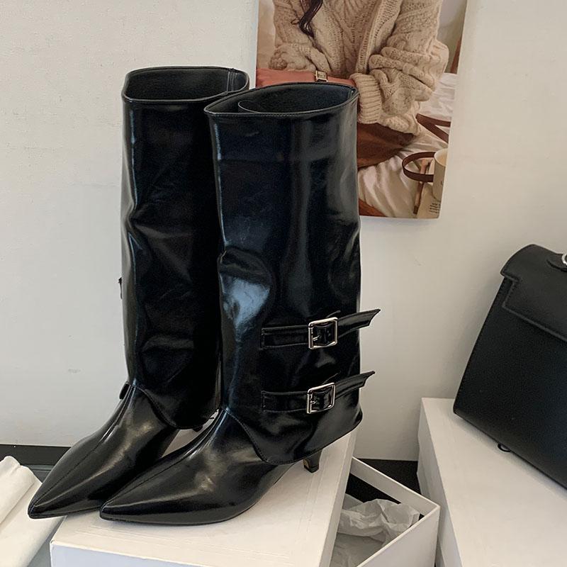 Fashion Fashion Buckle Women Knee High Boots Shoes With Low Heel Footwear Female Pointed Toe Ladies Western Boots Slip On Shoes Pumps