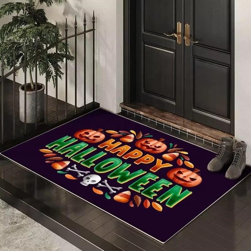 Halloween Themen Fußmatte mit gruseligen Kürbis Fledermaus Hexen Mustern Weicher dekorativer Eingangsteppich für Zuhause Innen Halloween Deko
