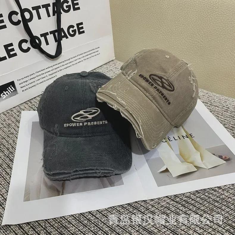 Unisex Vintage Distressed Denim Baseball Cap with Embroidered Letters - Trendy Korean Style for Summer