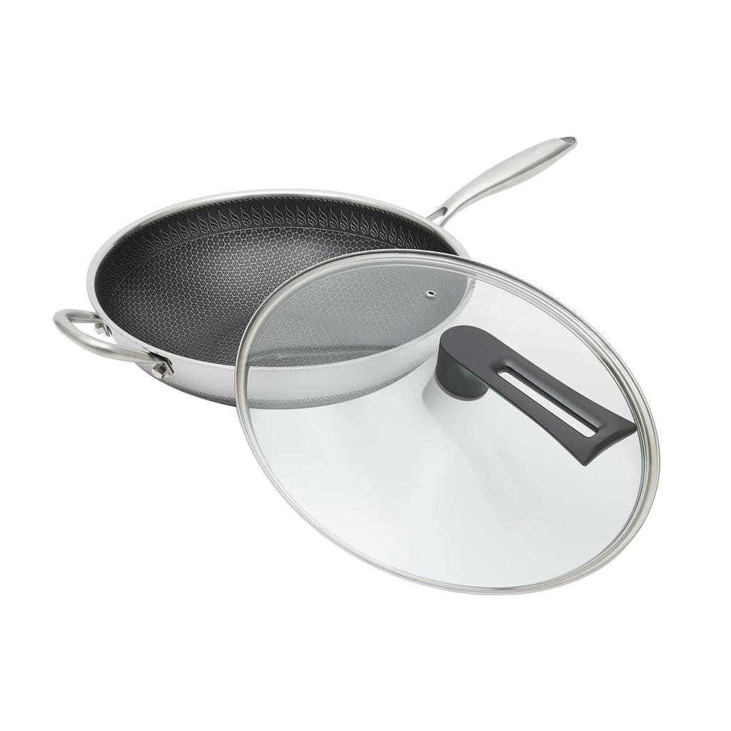 3.4-inch Stainless Steel Honeycomb Wok with Lid, Flat Bottom Frying Pan, Stir-Fry Pan, Suitable for Induction and Gas Stoves