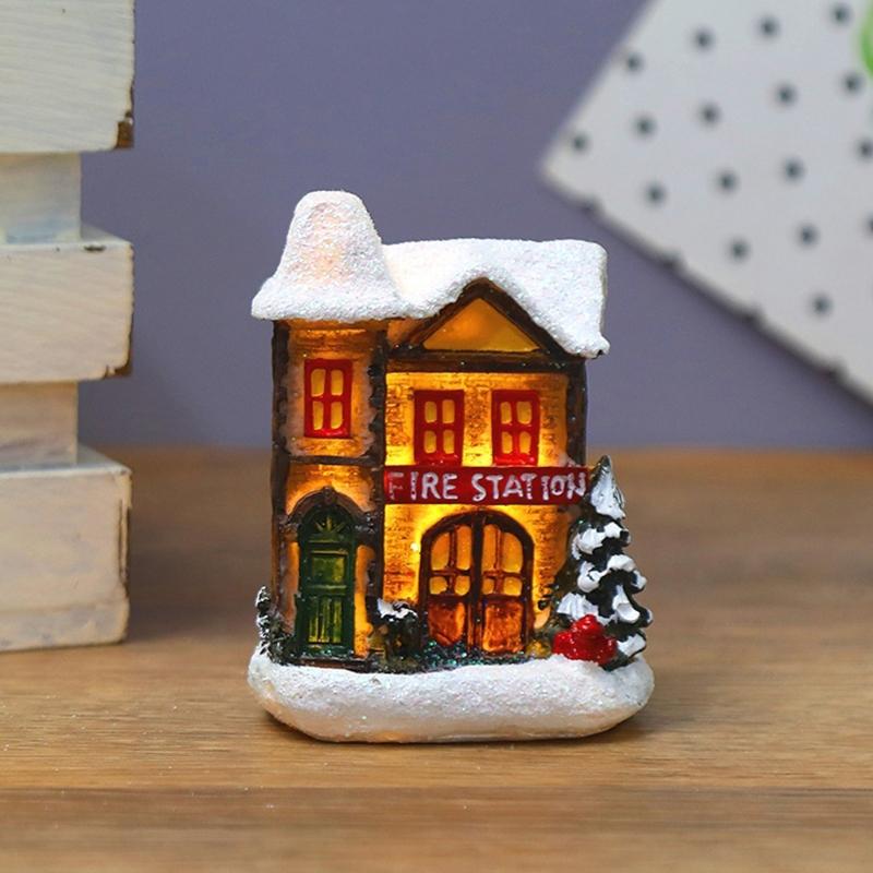 62KD Christmas LED Lighted Miniature Snow House Resin Ornament Village Scene Battery Operated Luminous Figurine Xmas Decor
