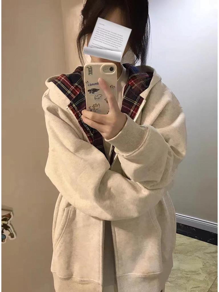 Women's Retro Plaid Patchwork Hooded Fleece Cardigan Jacket