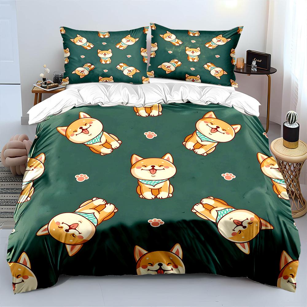 Multiple Sizes Cartoon Smiling Dog Pattern Bedding Set 1 Duvet Cover 2 Pillowcases for Adult and Children Luxury Gift Full Size