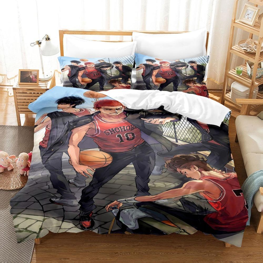 Anime Basketball Theme Microfibre Bedding Sets, Children's Bed Linen with Zip Room Decor Duvet Cover for Teenagers Adult 3-Piece