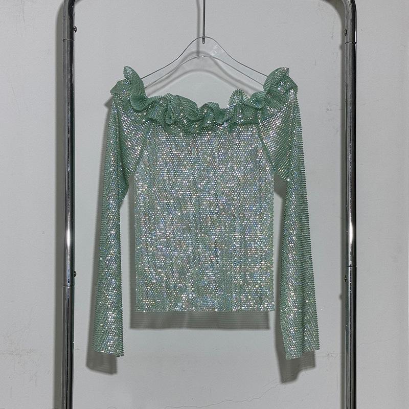 Yanni Lake Blue Rhinestone Tassel Bodycon Dress with Slimming Midi Skirt & Long Sleeve Top