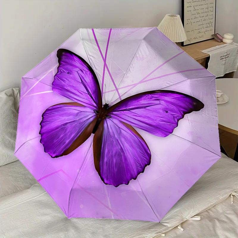 Purple Butterfly Auto Open Close Umbrella, Portable Tri-Fold Design with 8-Bone Iron Frame, Gift for Fans, Travelers, Daily Use, Perfect Pre