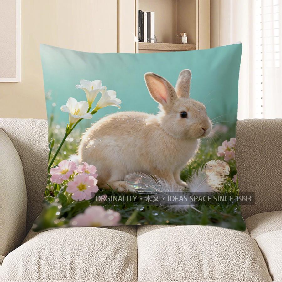 2D Cute Bunny With Flowers And Feathers Pillow Cover Pattern Cushion Cover Suitable For Sofa Bedroom Car Pillow Cover