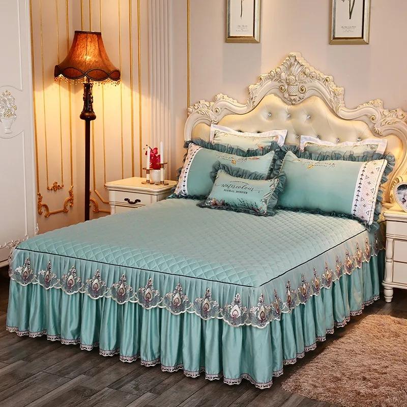 

Покрывало для кровати «Принцесса» с кружевом, в стиле юбки, цельное хлопковое крепление, утолщенное защитное покрытие Simmons, противоскользящее 1,5 м/1,8 м Pillowcases 2pcs зелёный