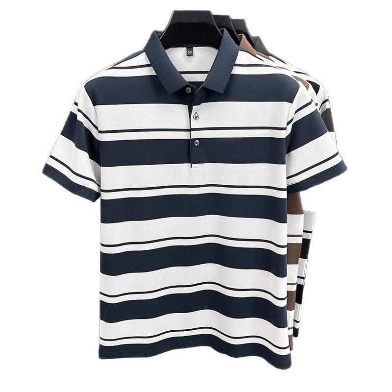 Popular Striped Men'S Summer Short-Sleeved Lapel T-Shirt Polo Shirt Middle-Aged And Elderly Casual Plaid Base
