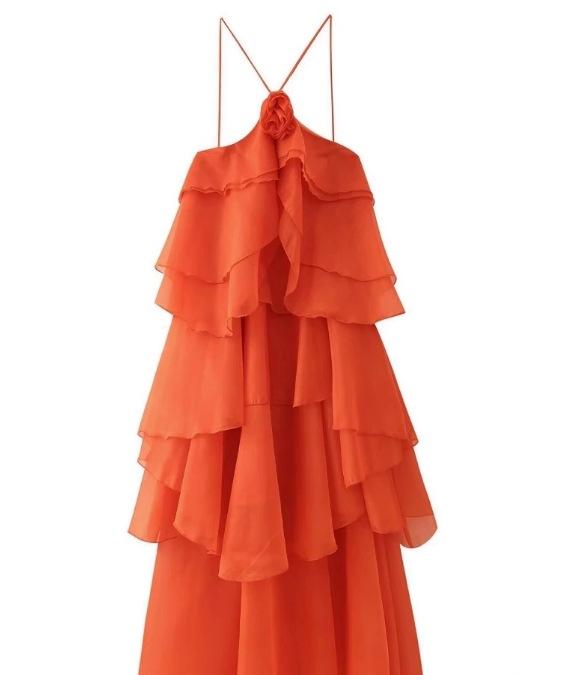 European and American women s clothing popular flower decoration laminated backless neck dress S коралловый