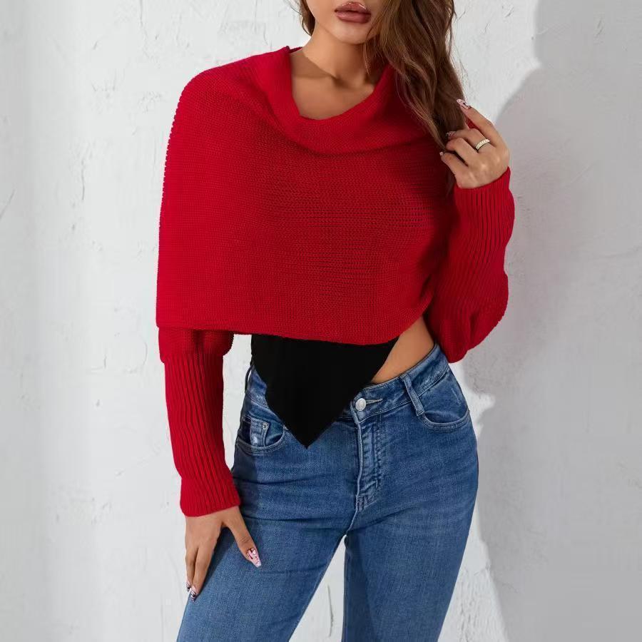 European & American Double Sleeve Off-the-Shoulder V-Neck Knit Scarf for Women
