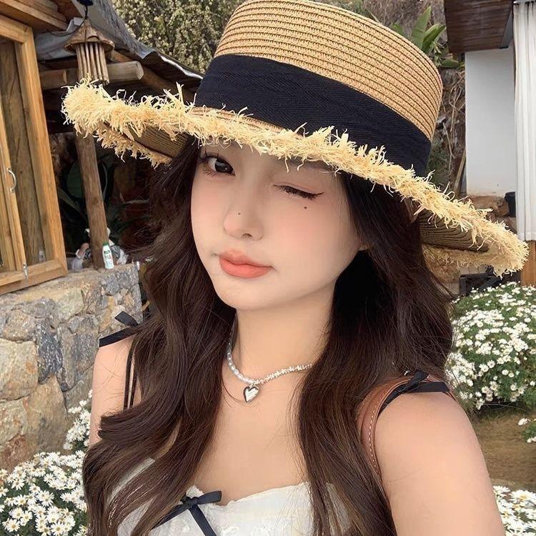 Summer New Seaside Sun Hat Breathable Sunscreen Hat Large Brim Bucket Hat Foldable French Lace Straw Hat