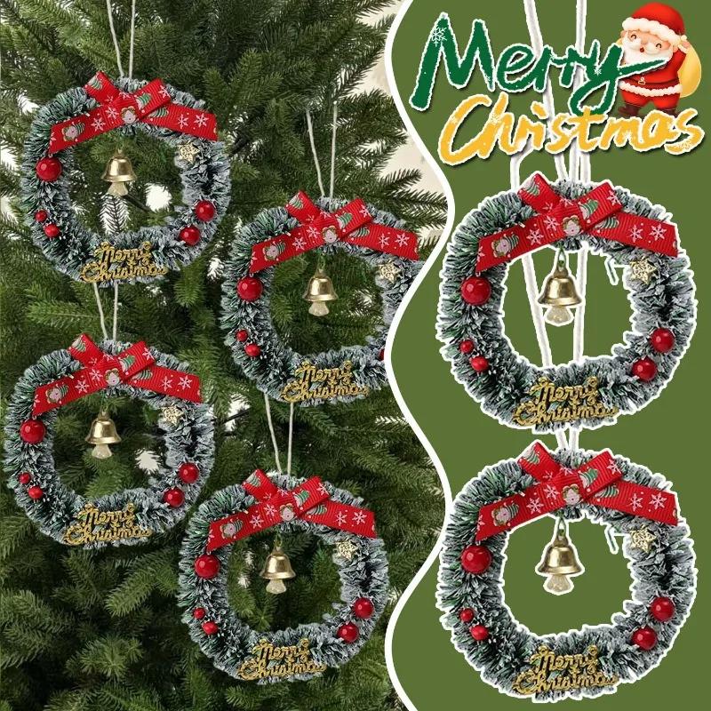 Mini Christmas Wreath Green Vine Ring Pine Cone Snowflake Decoration Red Berries Pendant Christmas Dollhouse Door Decoration